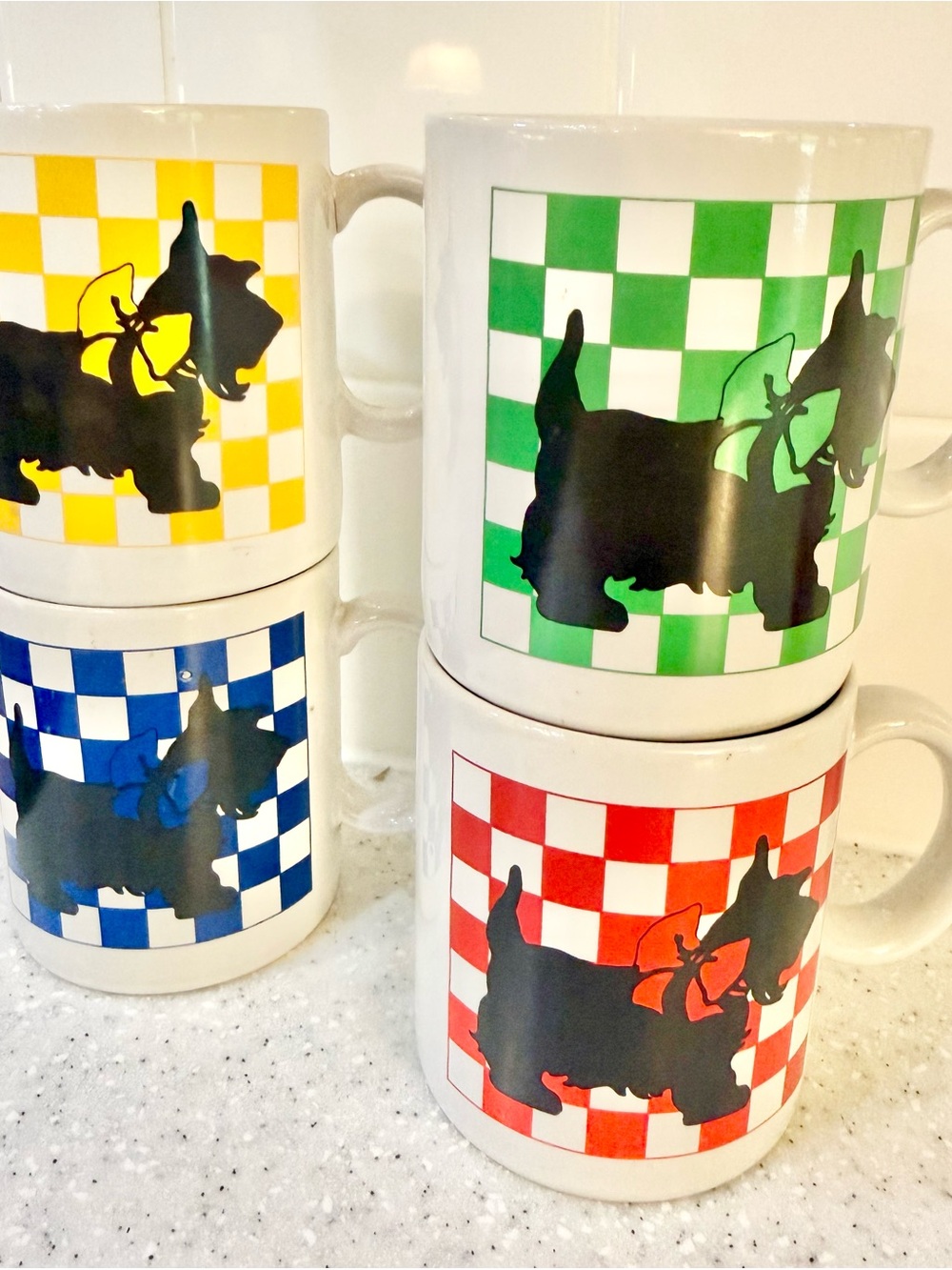 4 Vintage Japan Scottish Terrier Blue and Yellow Checkered Coffee Mugs
